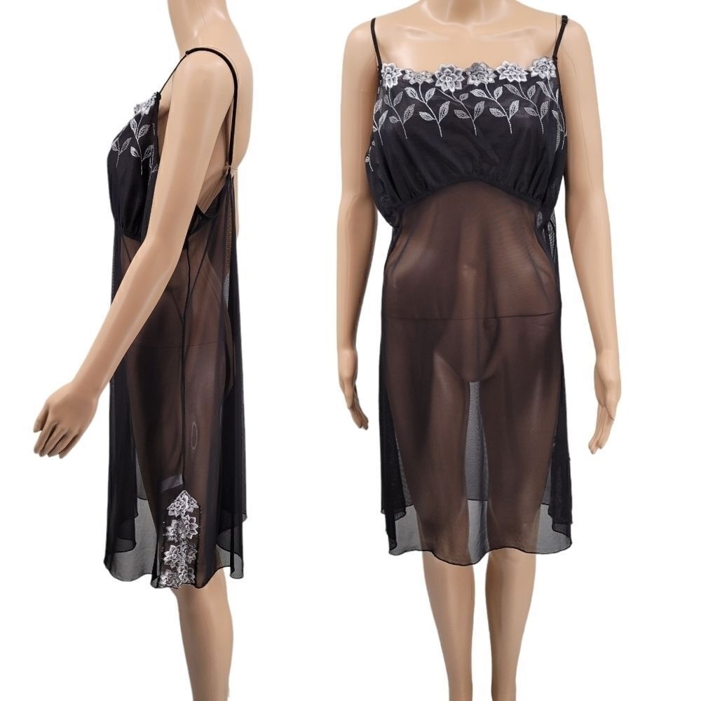 Donna L'oren Y2K Sheer Black Chemise with Gray Scale Floral Details